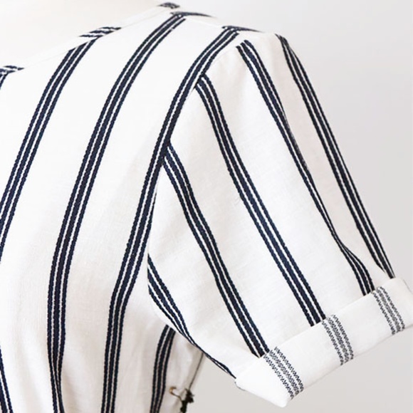 Cream Navy Blue Vertical Stripe Linen Cotton Dress - Picture 3 of 8